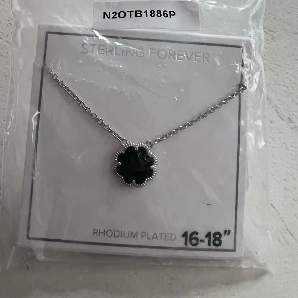 Sterling Forever Necklace Silver Tone Petal Pendant Necklace Black Onyx NEW